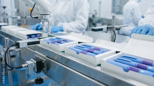 Fotografie Pharmaceutical production line with robotic arm automated scanning and packaged