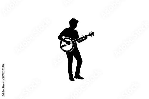 Sticker Minimalist silhouette of a man playing banjo, black vector icon, flat design, is
