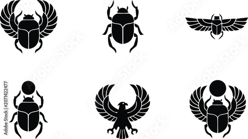 Foto Ancient Egyptian Scarab Beetle and Winged Falcon Silhouette Vector Set