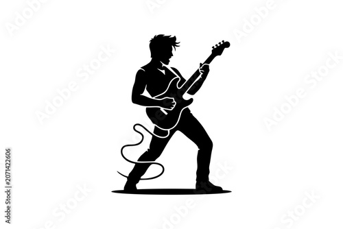 Photography Dynamic silhouette icon of a man playing electric guitar, rock concert pose, bla