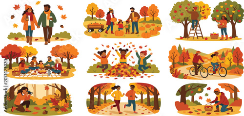 Foto Diverse characters enjoying autumn outdoor activities set with pumpkin patch apple picking and picnic vector