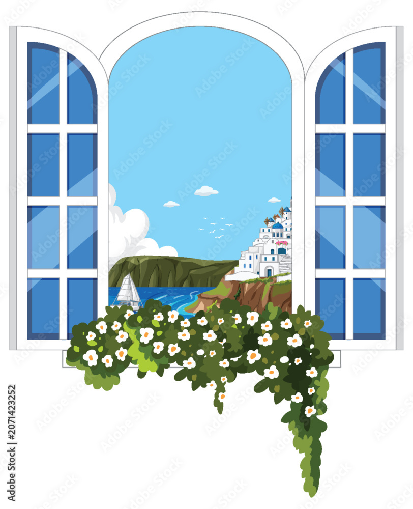 Obraz premium Mediterranean Coastal View Through Open Window with White Flowers