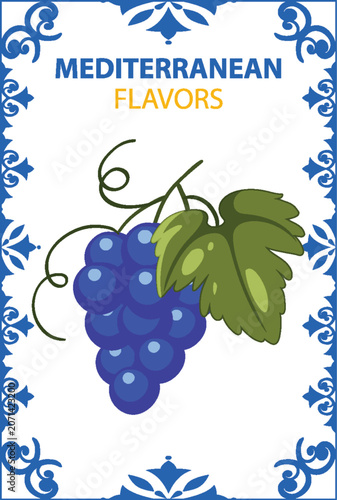 Mediterranean Style Vector Illustration of Purple Grapes with Blue Tile Border