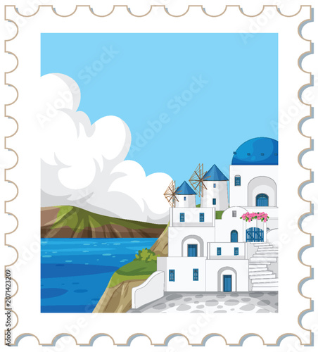 Mediterranean Coastal Village Postage Stamp Illustration with Windmills and Blue Domes