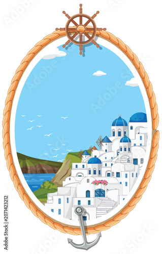 Mediterranean Coastal Village Illustration in Nautical Rope Frame with Anchor