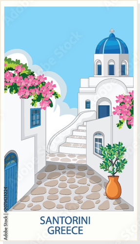 Mediterranean Village Vector Illustration with White Buildings and Blue Dome