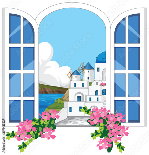 Scenic Mediterranean Village View from an Open Window with Bougainvillea