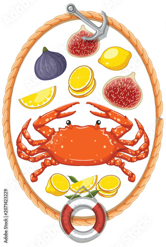 Mediterranean Seafood and Fruit Vector Illustration with Rope Border