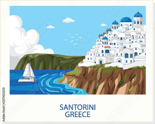Mediterranean Coastal Village Illustration with White Houses and Blue Domes