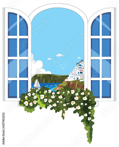 Mediterranean Coastal View Through Open Window with White Flowers