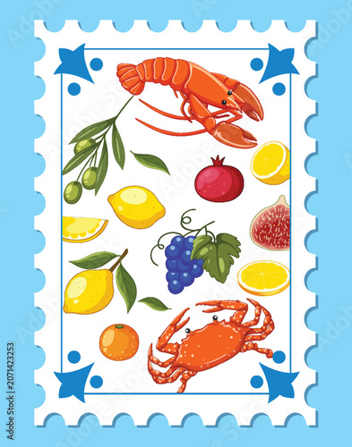 Vector Illustration of Mediterranean Seafood and Fruit on a Postage Stamp