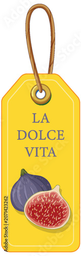 Yellow Mediterranean Style Luggage Tag with Fig Illustration and Text
