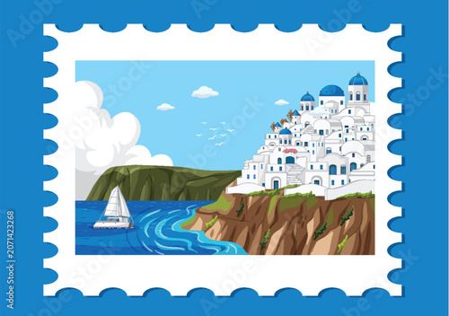 Mediterranean Coastal Village Vector Illustration on Postage Stamp Border