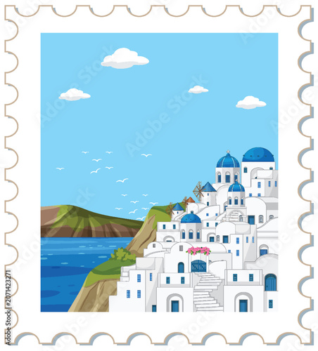 Mediterranean Coastal Village Postage Stamp Vector Illustration