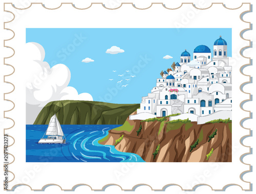 Mediterranean Coastal Village Postage Stamp Illustration with Sailboat and Blue Domes