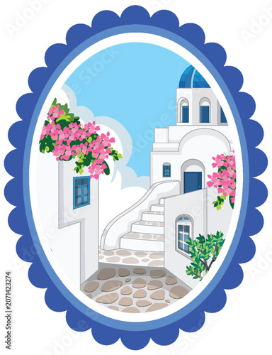 Mediterranean Coastal Village Illustration with White Buildings and Blue Dome