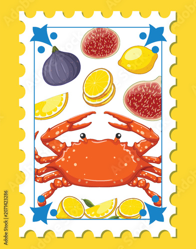 Mediterranean Theme Postage Stamp Illustration with Crab and Summer Fruits