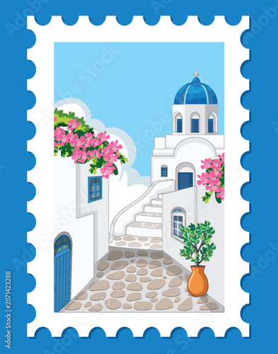 Mediterranean Village Postage Stamp Illustration with Blue Dome Church