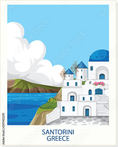 Mediterranean Coastal Village Illustration with White Buildings and Blue Domes