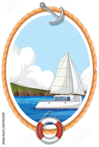 Nautical Sailing Illustration with Catamaran in Rope Frame with Anchor