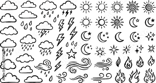 Quadro em tela Hand drawn weather icons set, collection of clouds, sun, moon, stars, rain, ligh