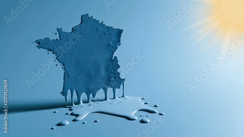 Carte de France en relief bleu qui fond sous la chaleur du soleil