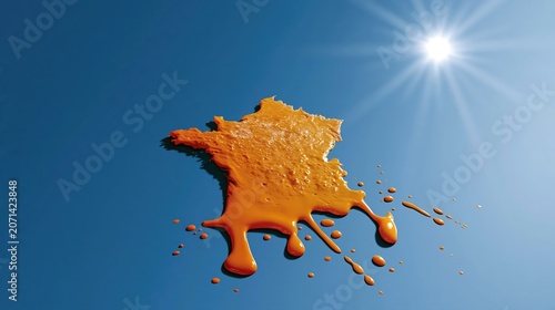 carte de France représentée en liquide orange fondu sous un soleil intense