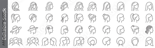 Canvastavla Female hairstyle and woman profile icon set – editable outline symbols of girl f
