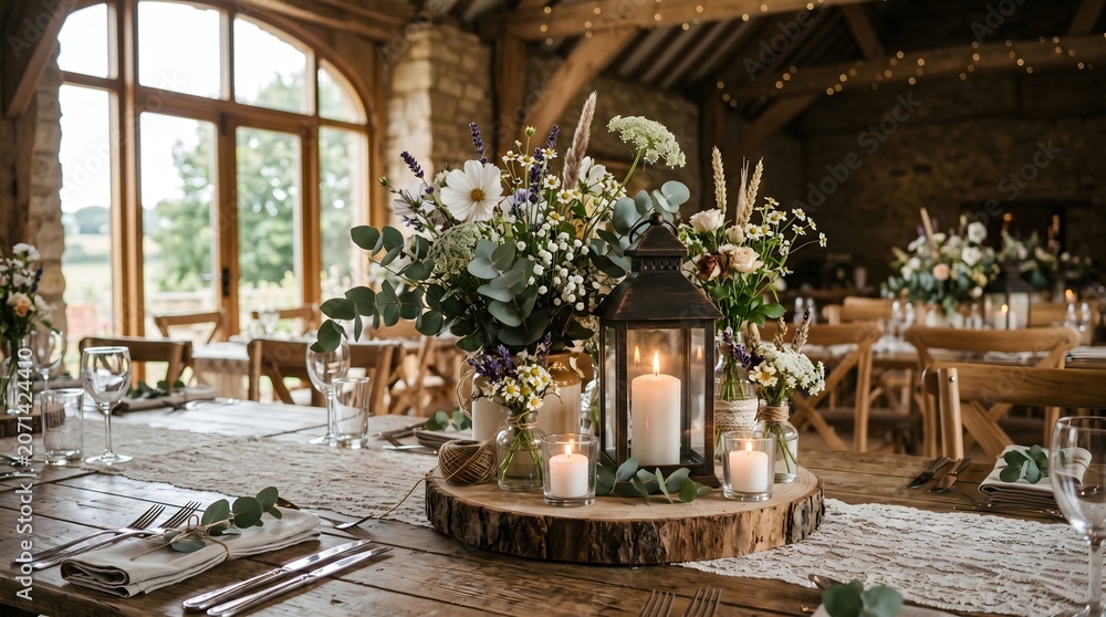 Fototapeta premium Rustic Barn Wedding Reception Table Decoration with Floral Centerpiece