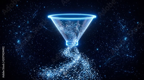 Glowing blue funnel filtering sparkling particles in space