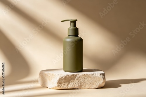cosmetic. Minimalist mockup of an olive green pump bottle on a rough sandstone block. luxury beauty ads, skincare branding, designed for organic product packaging.