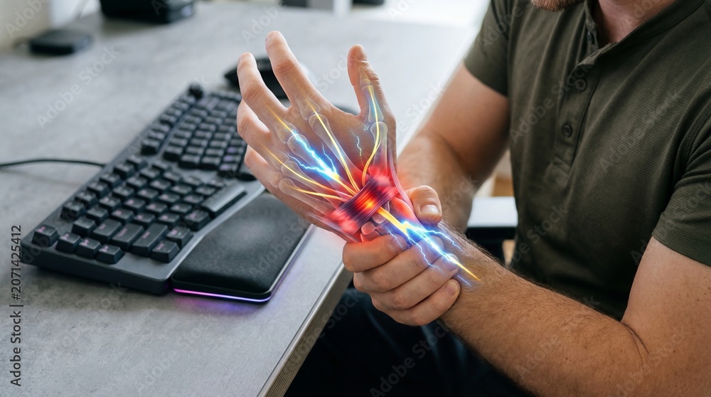 Fototapeta premium Man with carpal tunnel syndrome touching painful wrist at office desk. 3D digital illustration of nervous system inflammation. Concept of occupational injury, digital health and pain.