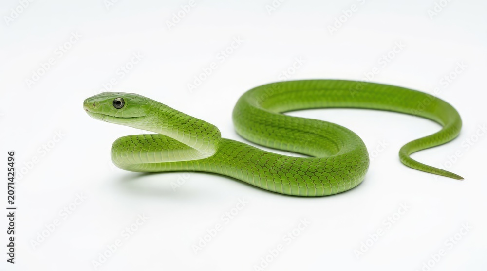Obraz premium A slender green snake coiled elegantly, its scales gleaming with vitality
