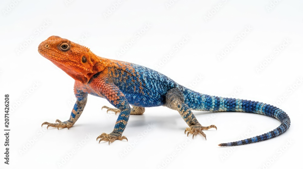Fototapeta premium An Agama lizard with vibrant orange head and blue body on a white background
