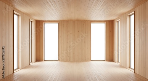 Empty square room with Empty wooden interior with windows on the walls