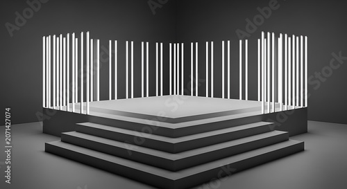 Stage with stair and square tube fluorescent light. Concept of product display platform