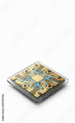 Close-up of advanced microchip technology, showcasing intricate circuitry and metallic components on a white background, representing innovation