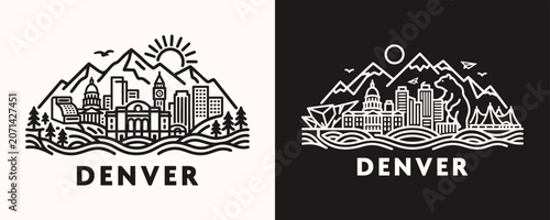 Schilderij op canvas Denver Colorado City Skyline Minimalist Line Art Vector Icon Illustration Set