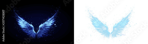 Schilderij op canvas Majestic pair of glowing blue wings composed of shimmering magical particles dis