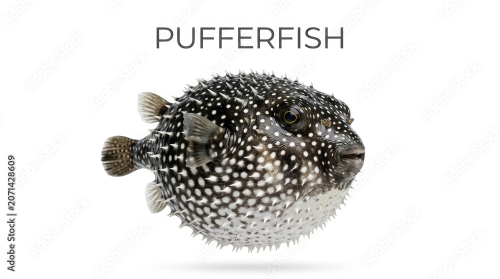 Obraz premium A spiky pufferfish is inflated with air, showcasing its unique defense mechanism. Its body is covered in sharp spines and dotted with white spots against a dark background