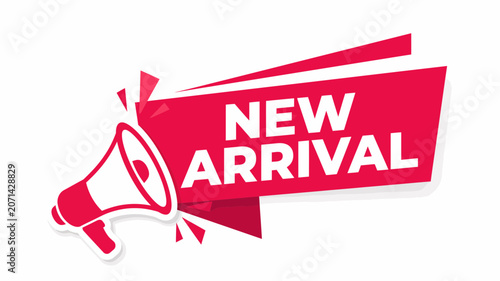 New Arrival Megaphone Announcement Ribbon Badge: E-commerce Marketing Retail Sale Banner Vector Graphic