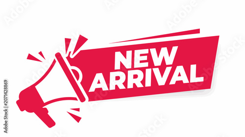 New Arrival Megaphone Announcement Ribbon Badge: E-commerce Marketing Retail Sale Banner Vector Graphic