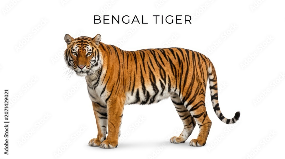 Obraz premium A majestic Bengal tiger stands proudly, showcasing its iconic orange fur and black stripes. This powerful predator is a symbol of untamed wilderness and natural beauty
