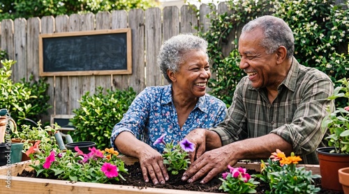 Happy senior African American couple planting flowers together in a backyard garden bed