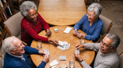 Diverse group of happy senior friends playing a card game together at a wooden table in a community center