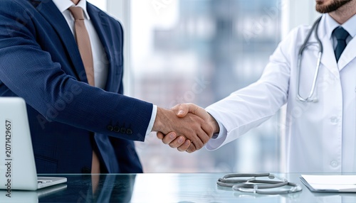 Two professionals, one in a suit, the other in medical attire, shake hands