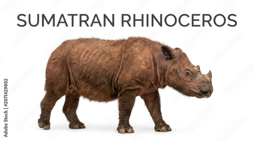 Fototapeta premium Sumatran rhinoceros, a critically endangered species, stands with a thick, rough hide and a single horn