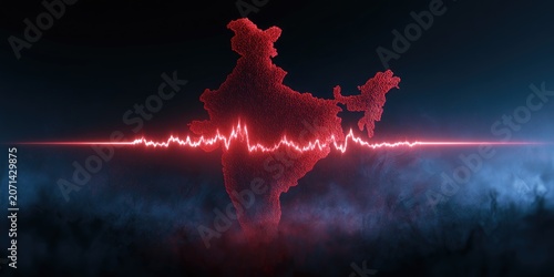 Map outlines country, pulsating red heartbeat graphic across dark background