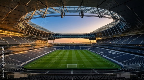 Empty soccer stadium with green field.