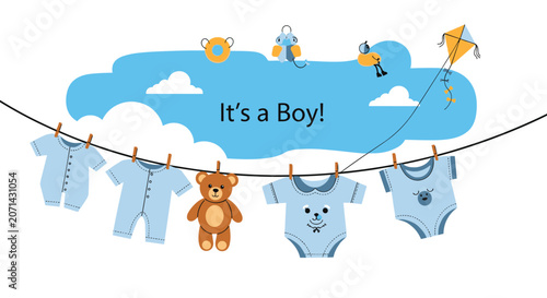 Cute baby shower invitation for a boy with blue clothes hanging on a laundry line next to a brown teddy bear and kite.